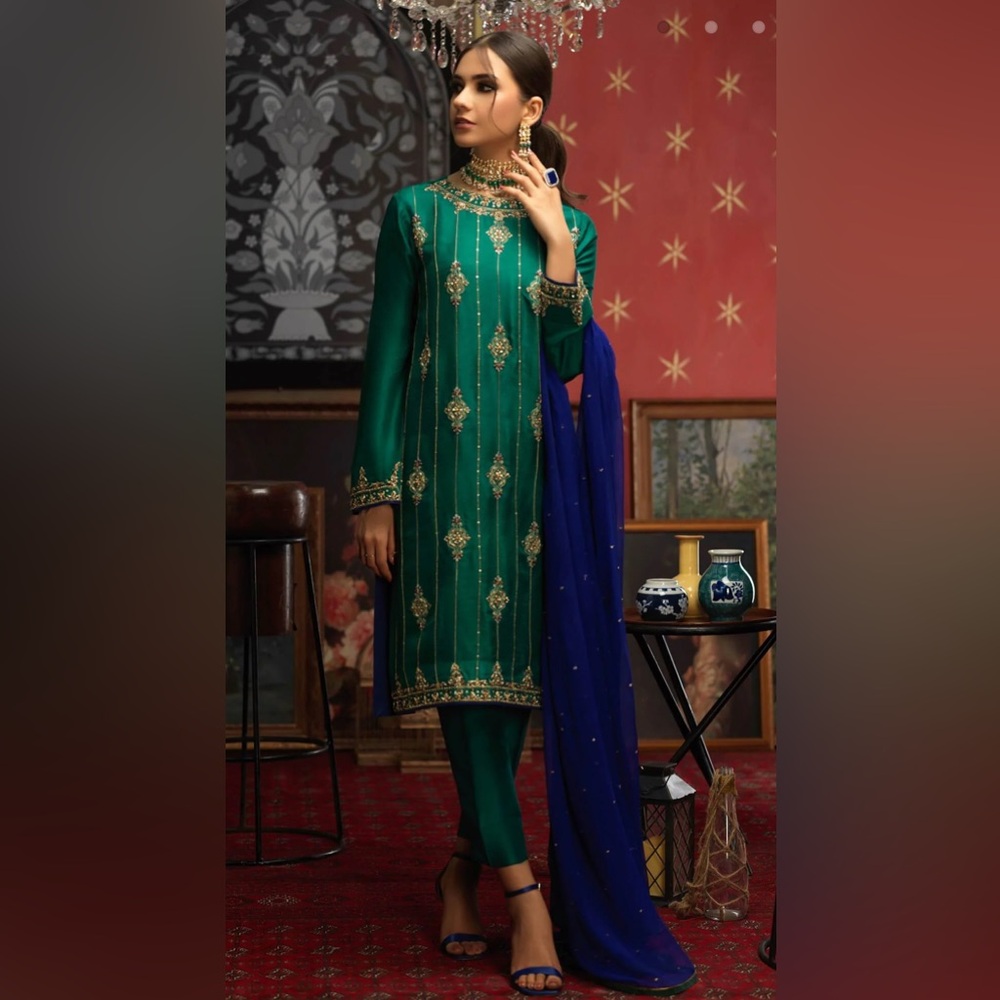 Green and Blue Embellished 3 Piece Suit